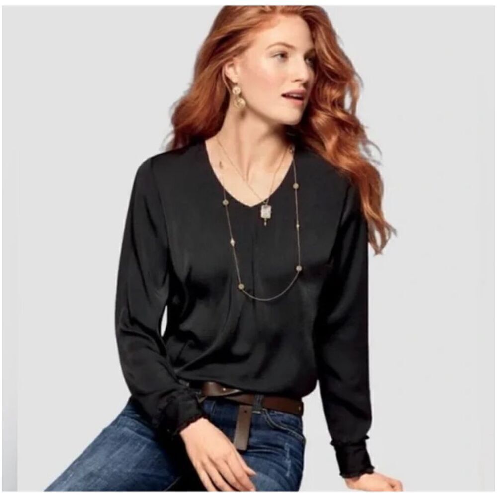 Cabi Black Classic Blouse Top Shirt V-Neck Long Sleeve Small #3599‎